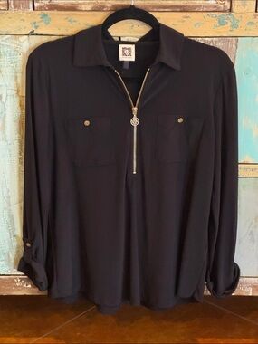 Anne Klein Black Long-Sleeve Zip Polo Blouse